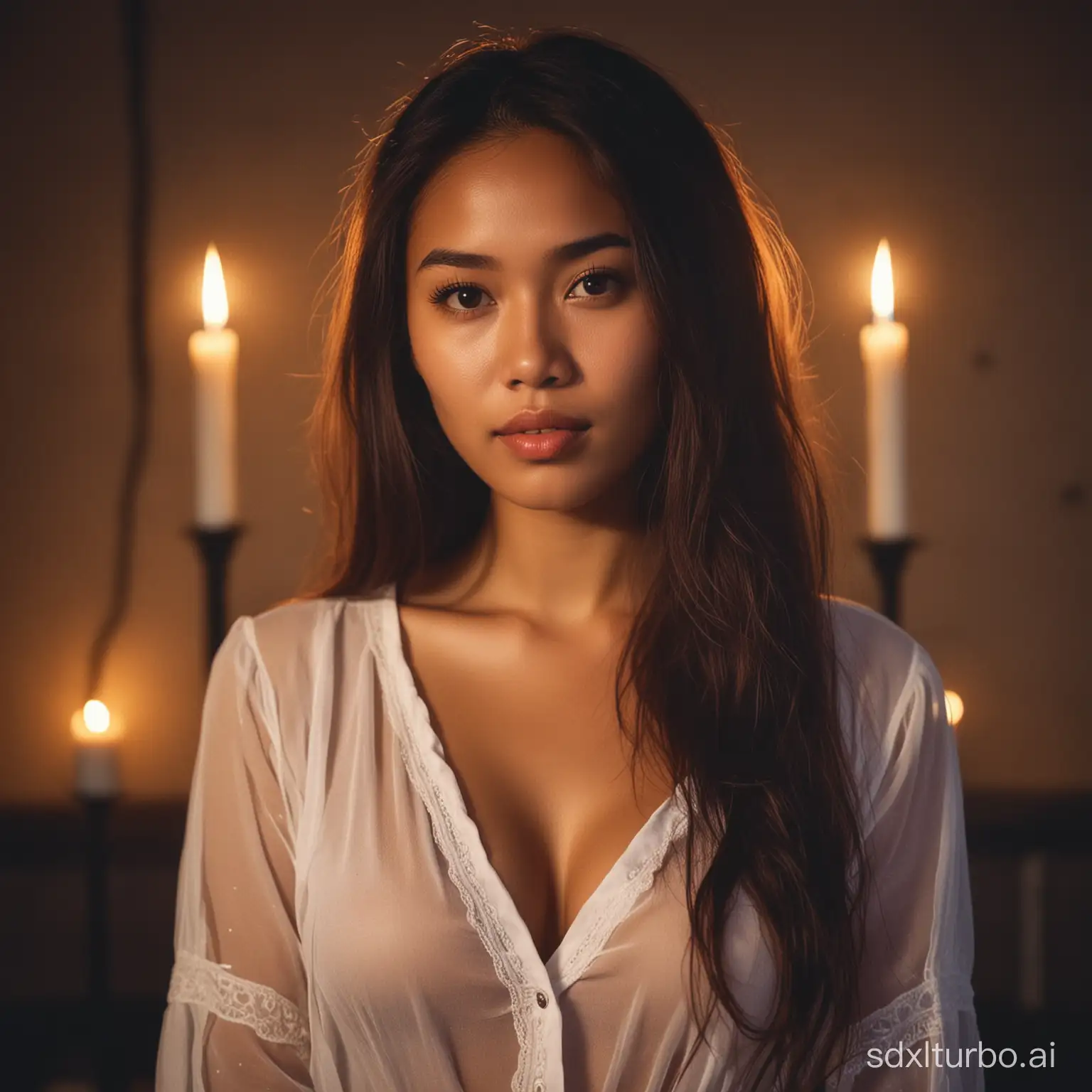 Young Filipina woman. Open front shirt. Medieval time. Candle lights. Portrait. Soft and Silk hair. Sexy. Revealing. Film grain. Bokeh