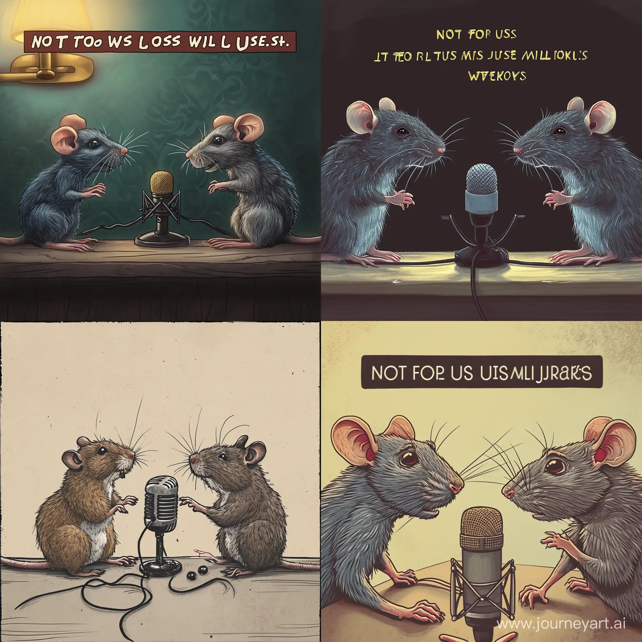 Нарисуй обложку для аудиоподкаста под названием "Не нам судить, но мы обсудим" с двумя крысами, которые разговаривают у микрофона