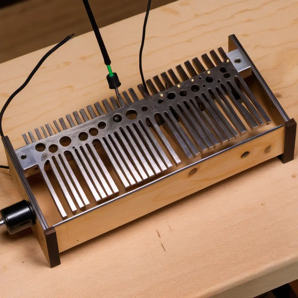 Kalimba laying flat on a workbench. A metal cylinder can be seen plucking the kalimba as it turns. Connected to the cyclinder is a DC motor with an on off switch. 
