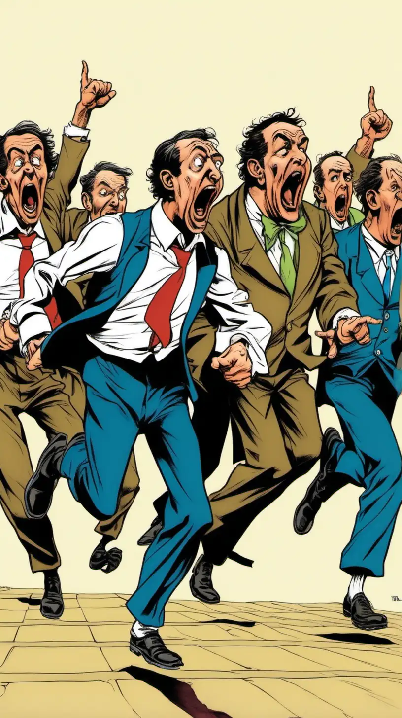 cartoony,  color. A group of French men run by us screaming  right to left,  screaming.