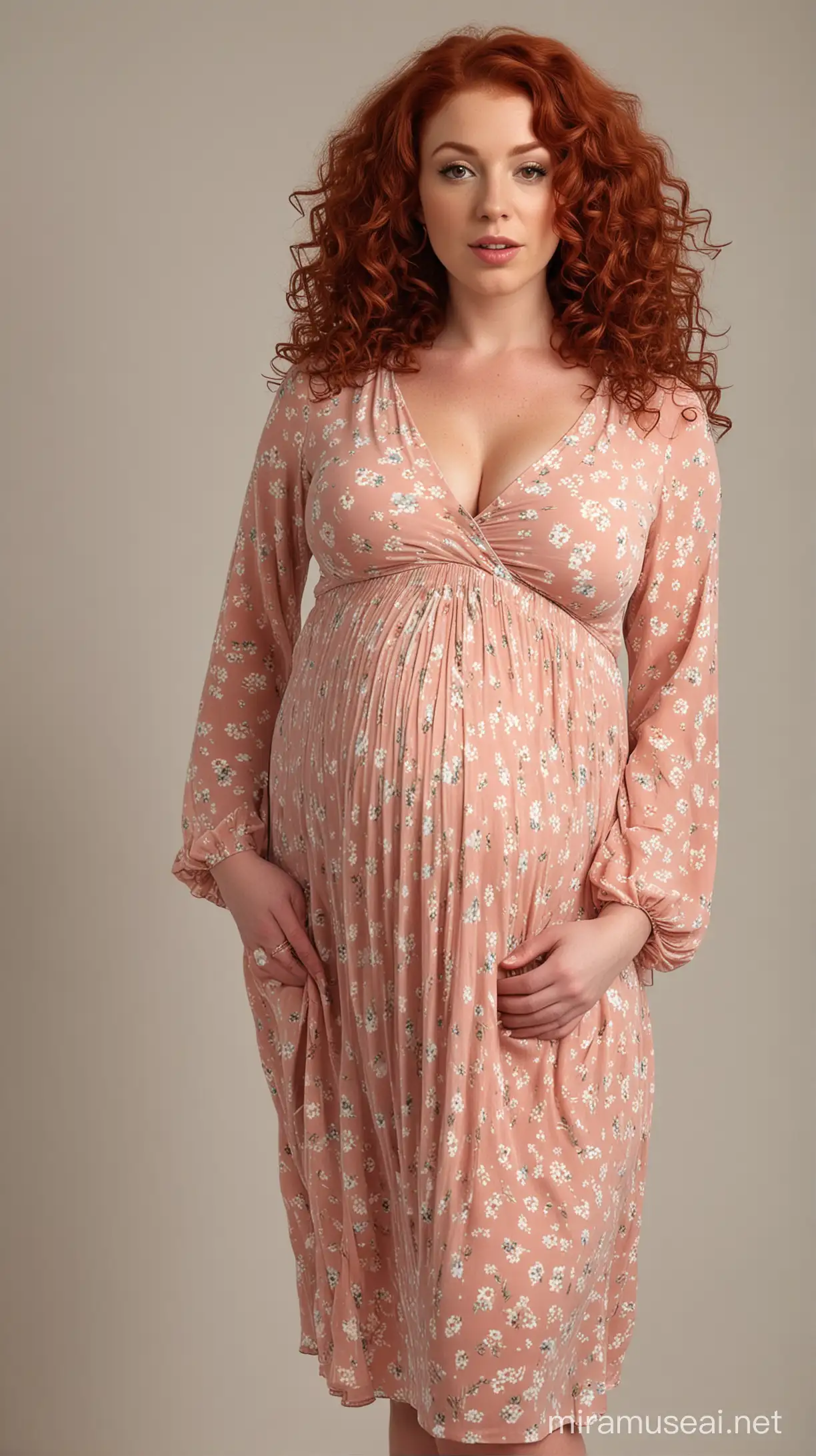 The Sexiest, most beautiful, soft, curviest, large hips, plump lips, maternity model, the largest breasts, the longest volumized blowout Irish curly red hair in a new mother hair style. Clothing Style: super soft feminine. Wearing a summer maternity dress, 9 months pregnant. Facing the viewer, full body view. Show at age 30