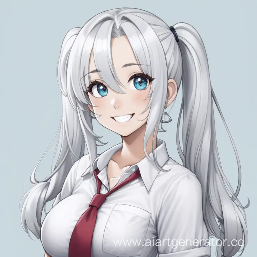 girl. White hair. Have two long pony tails. Always smile, positive and beautiful. Has beautiful ears and pretty nose. D cup breasts size. Has big, heart shaped hips and Hourglass shape. wears short shorts white shirt and blouse. The most beautiful girl in school