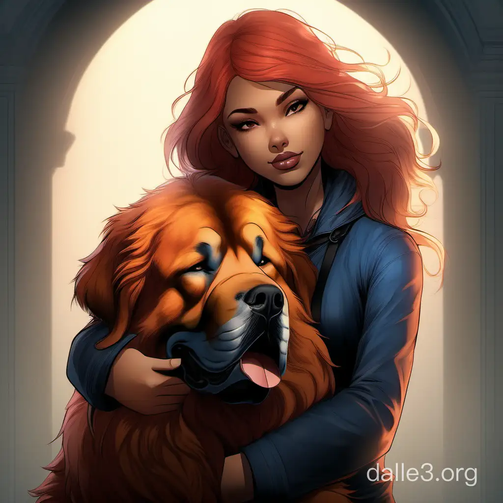 girl hugging clifford the big ginger Tibetan Mastiff by charlie bowater and titian and artgerm, full body portrait, intricate, face, elegant, beautiful, highly detailed, dramatic lighting, sharp focus, trending on artstation, artstationhd, artstationhq, unreal engine, 4 k, 8 k