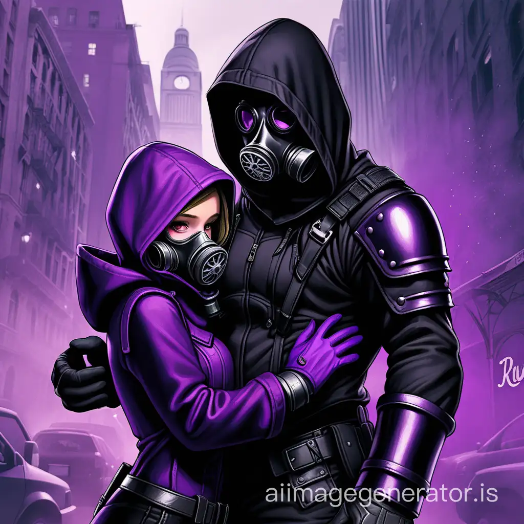 The man in black-purple special clothing with black-purple gloves in a gas mask with a black-purple hood in black-purple boots stands next to him and hugs a girl in assassin's armor in the city.