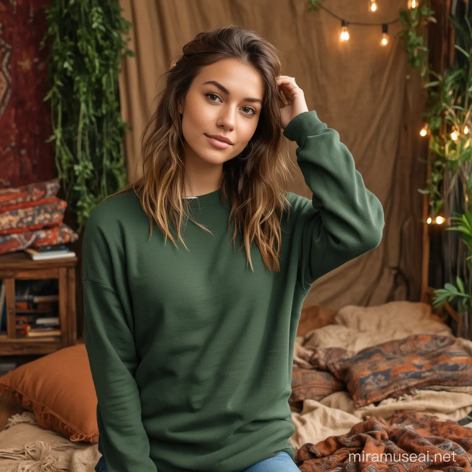 Young women, wearing a forest green crewneck sweatshirt, cozy Boho background, hair off to the side, 