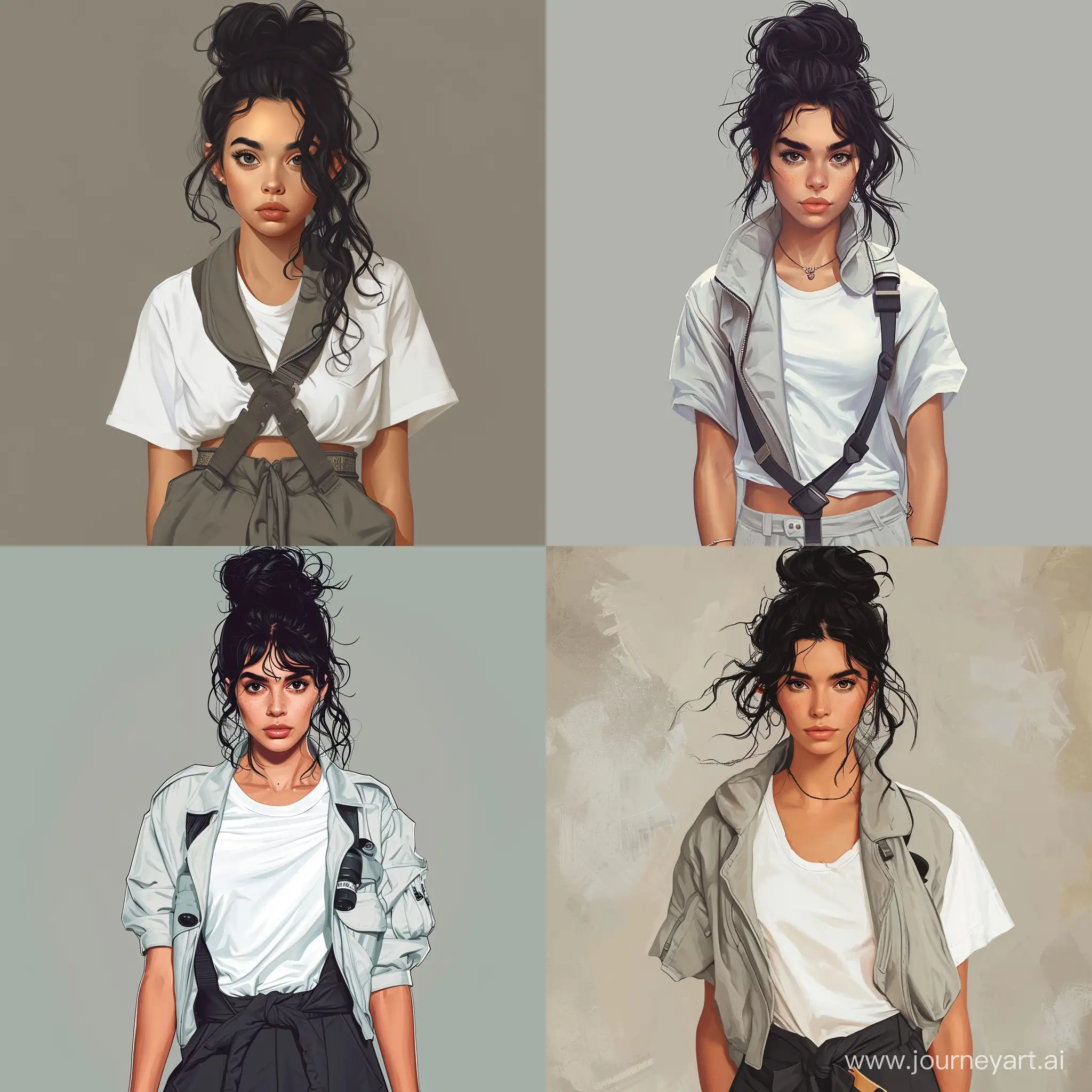 70th dark fantasy art, illustration of the young nice looking woman with black wavy hair gathered into a bundle. She is wearing white T-shirt and pilot suit, which upper part is tied over her waist. - ar 9:16