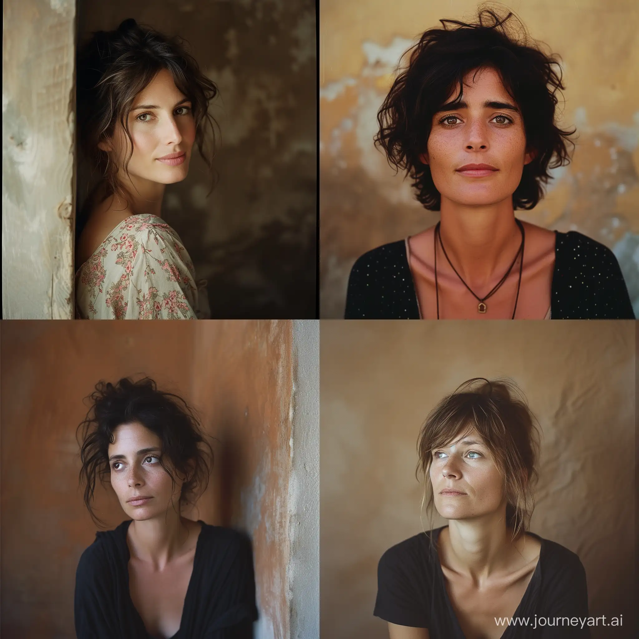 Intimate photographic portrait of stylish 40 years old Italian woman, in front of a brownish wall, messy hair, peaceful and relaxed expression, looking at camera, eye contact, summer gentle light, cinematic style, shot with Kodak Portra 160::2 ; in the style of Peter Lindbergh:: 2 --style raw