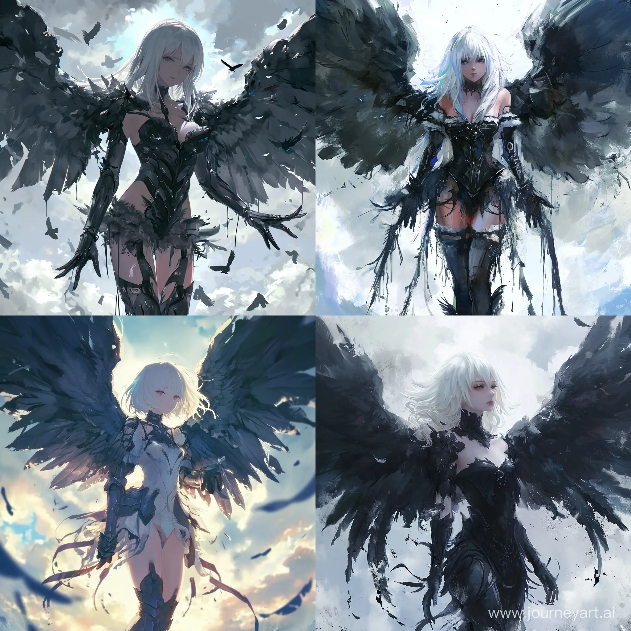 Anime::1.3 dark angel with large black wings, standing in front of a sky background with white and blue hues, the anime angel has white hair and is wearing a armor-like outfit, the wings are spread out and there are black paint drips trailing from them