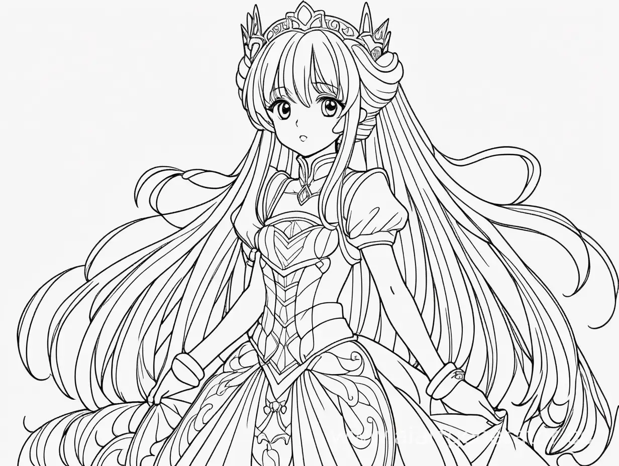 Anime-Princess-Full-Growth-Linear-Outline-Black-and-White-Illustration