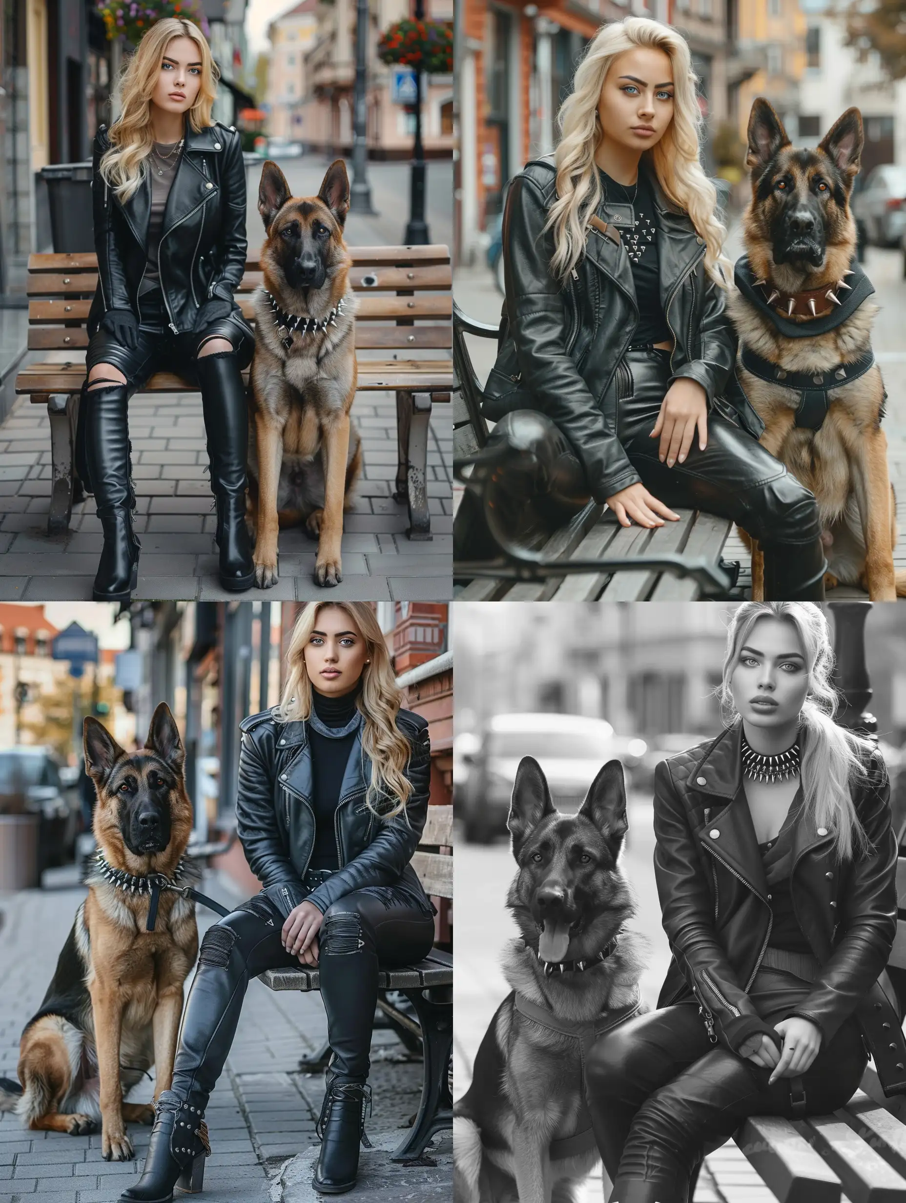 A girl with blonde hair sits on a bench in a beautiful pose on the street in a leather jacket and leather pants face clearly visible and looks into the camera face kind and calm next to her dog German Shepherd in a collar with spikes 