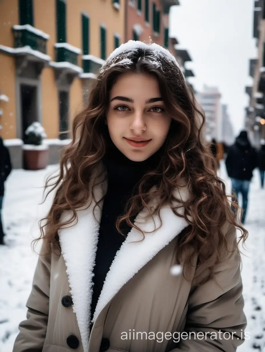 photo of Michela, an Italian prosperous girl just came back home from college with brown wavy hair, walking around the city with snow