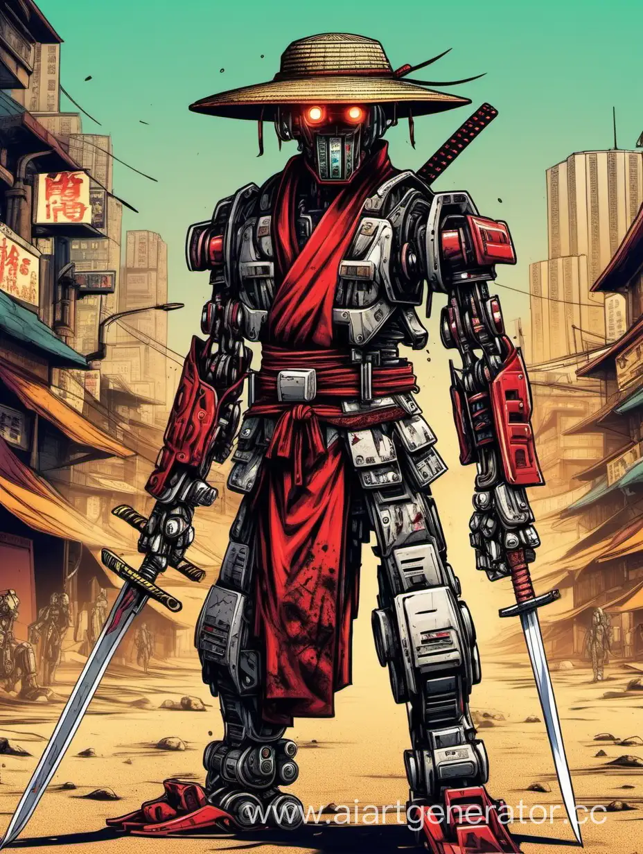 Смертоносный робот в соломенной шляпе, этот робот очень быстрый самурай, он всегда ходит с катаной, глаза горят красным, фон: улицы города в пустыне, стилистика: киберпанк 