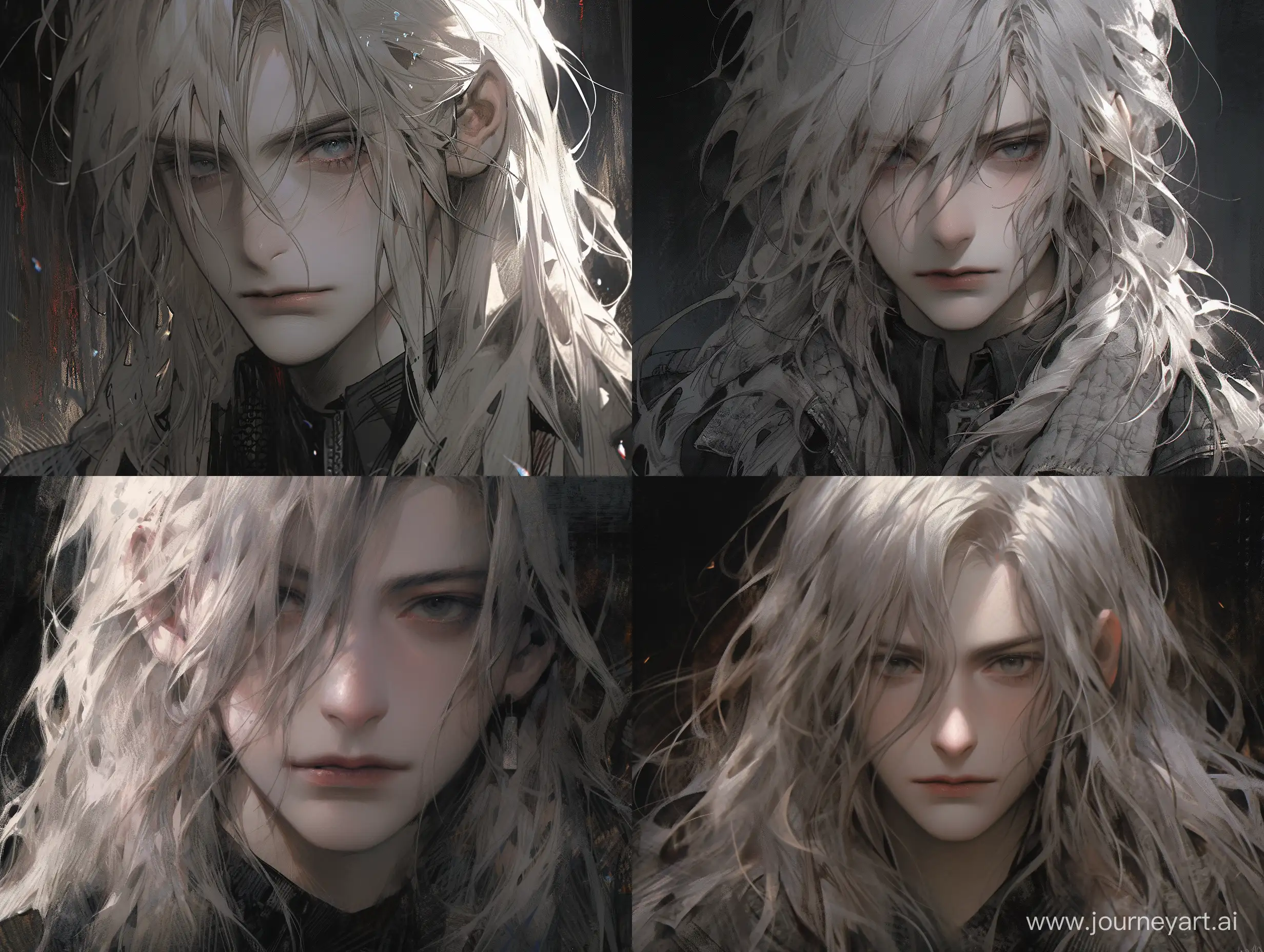 man, long white hair, very attractive androgynous face, white skin not much highlighting, dark cold black background, not much smoke, ultra realistic light, super realistic skin texture, oil paint, hard strokes, kentaro miura face style, --s 750 --niji 5 