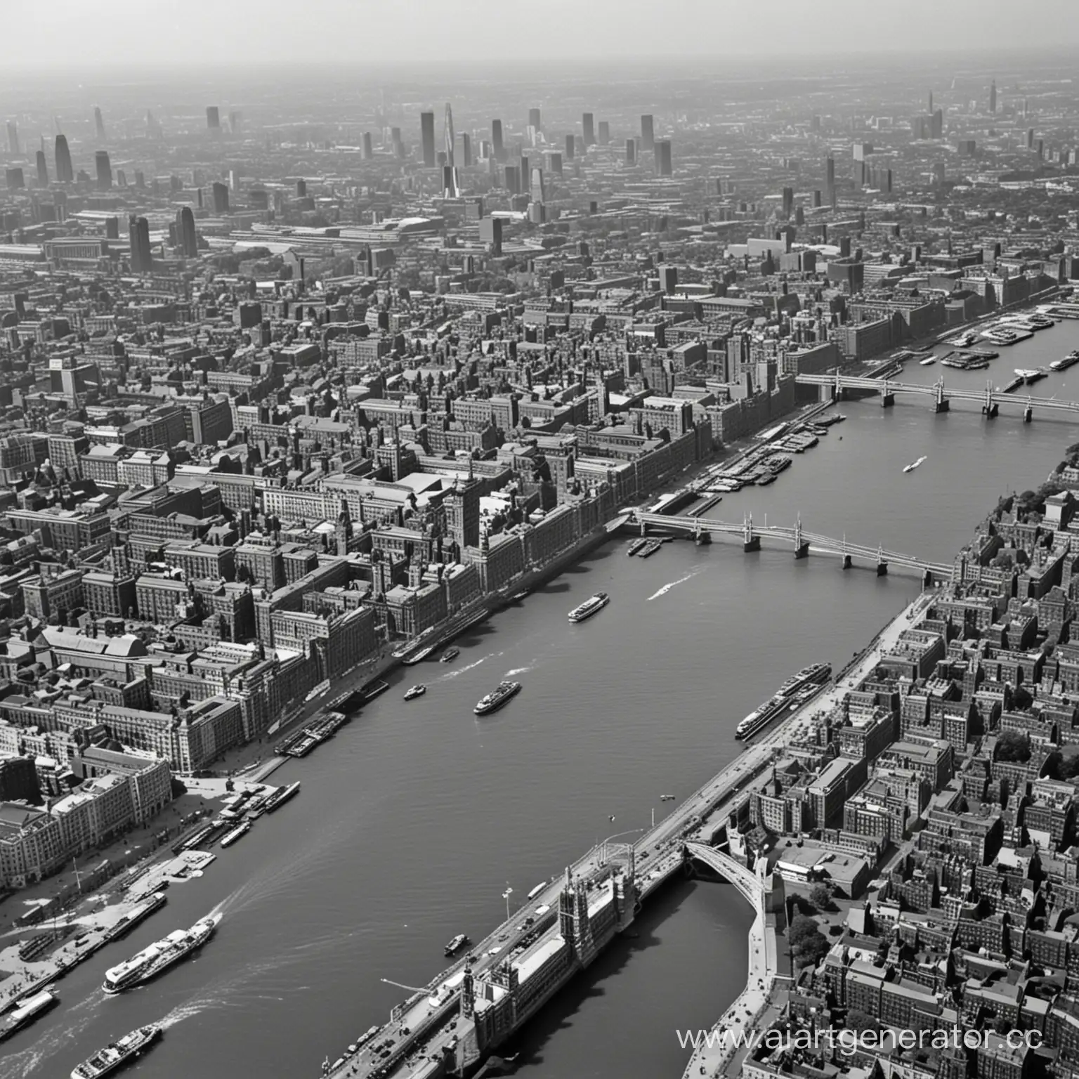 London of the 50s, and next to it a large bridge that leads to another island.