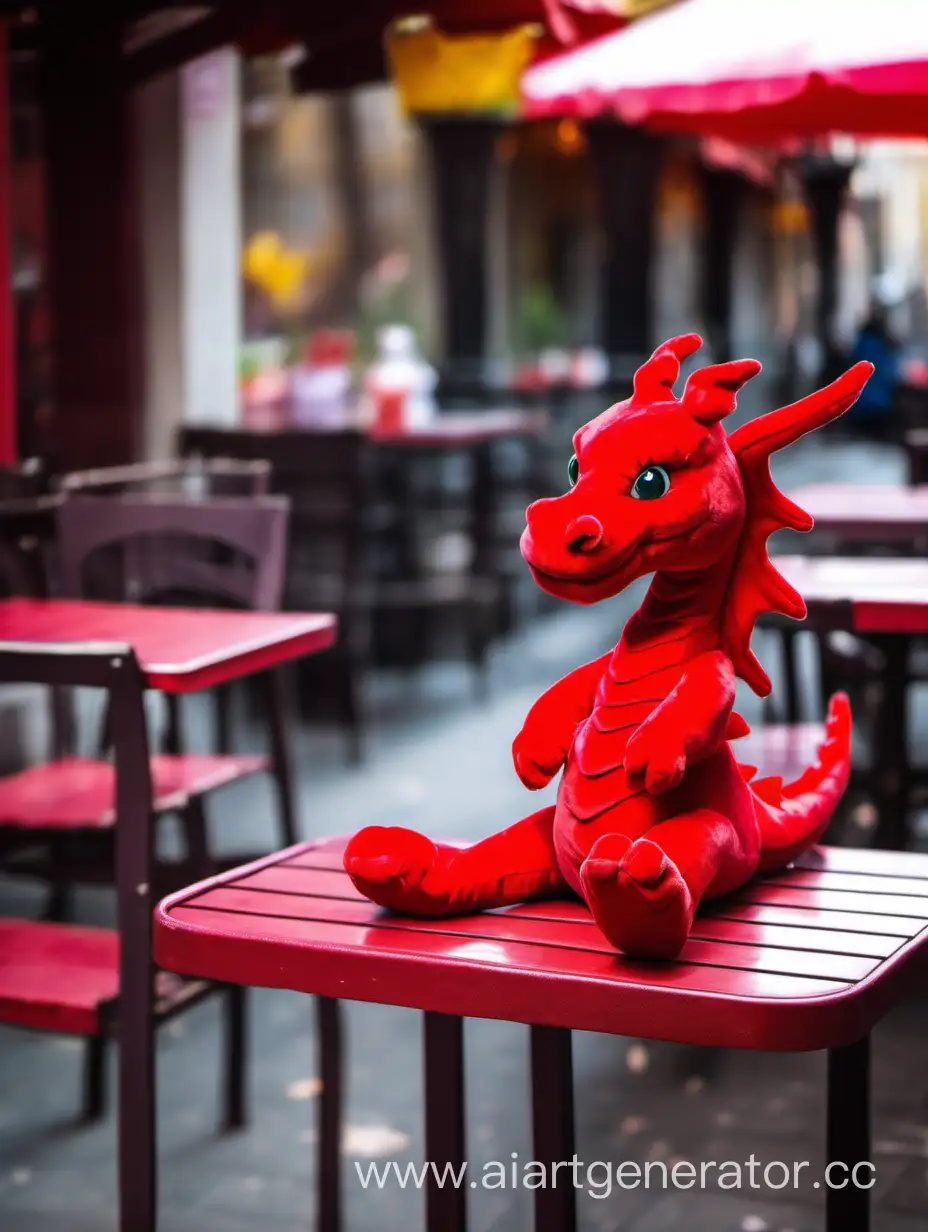 мягкая игрушка красного дракона на столе уличного кафе