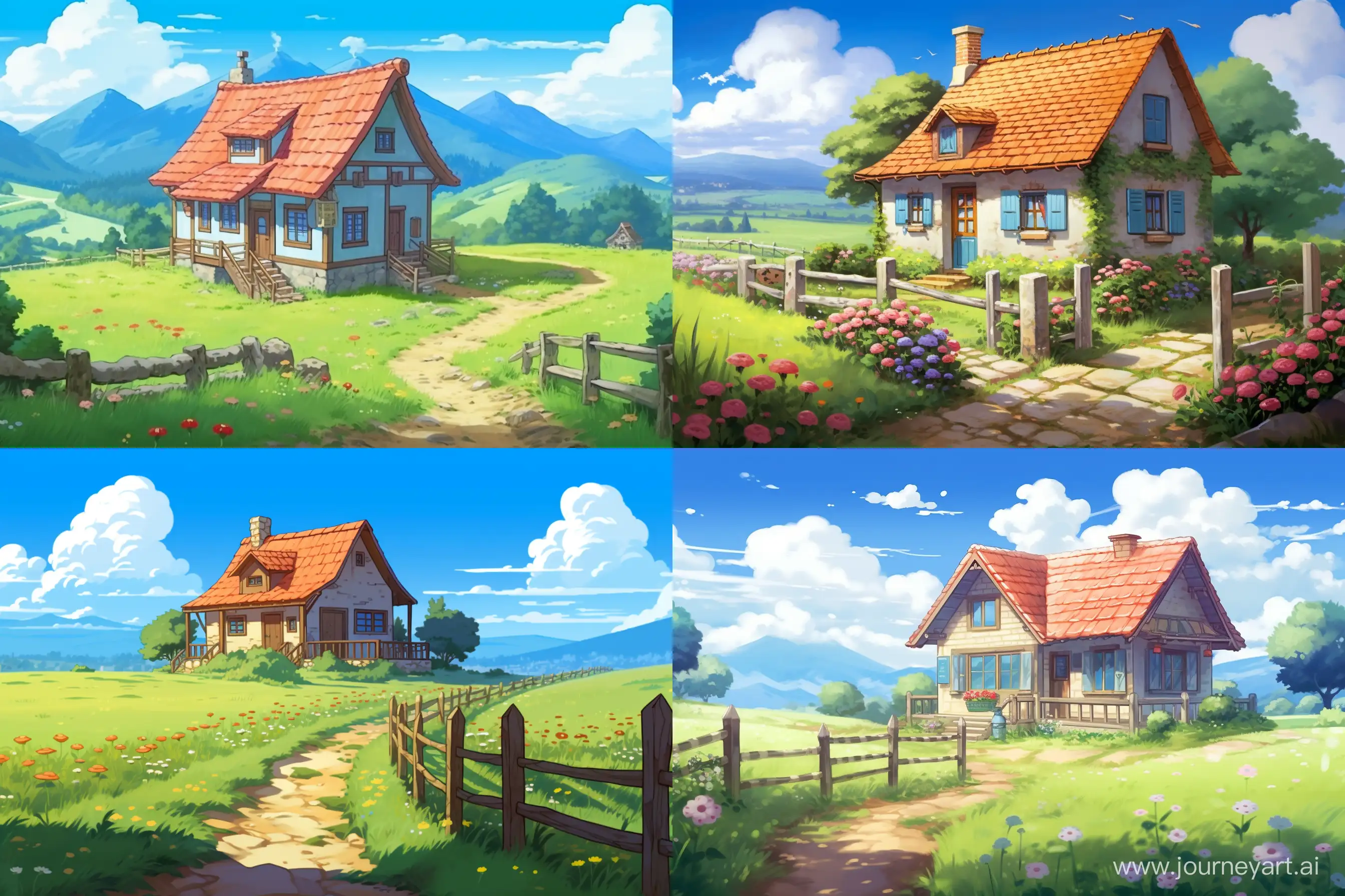Retro Studio Ghibli scene style, [A rustic style house with light brown walls with small bricks falling down on the side like an old house has a red tile roof And around the walls there are small yellow flowers and a little path that runs through the house towards the entrance surrounded by the white fence.This house is located in a very beautiful field, super light blue and lots of green vegetation.],  minimal soft shading, bold, lined, 2D, flat, low detail, animated film pioneer --ar 3:2 --style raw --c 20 --v 5.2