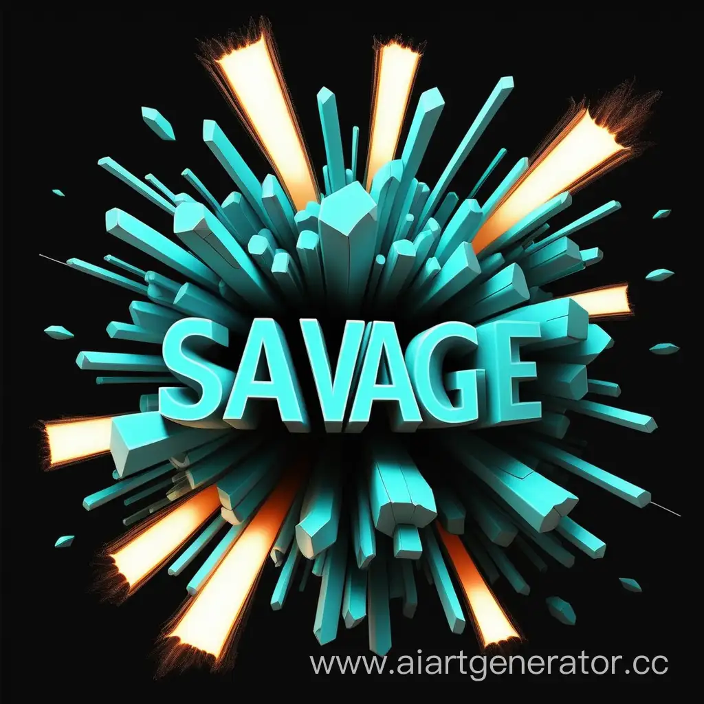Black background, in the center the light source is like an cyan-colored explosion, the word "Savage" in front of everything.