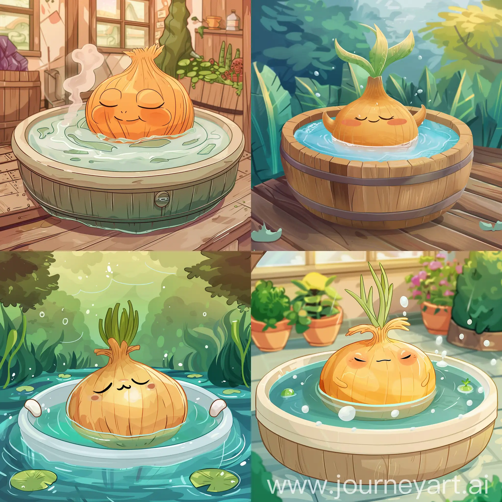 a cartoon image of a relaxed onion in a hot tub, in the style of fantastical environments, otherworldly creatures, luminosity of water, colorful mindscapes, detailed character design
