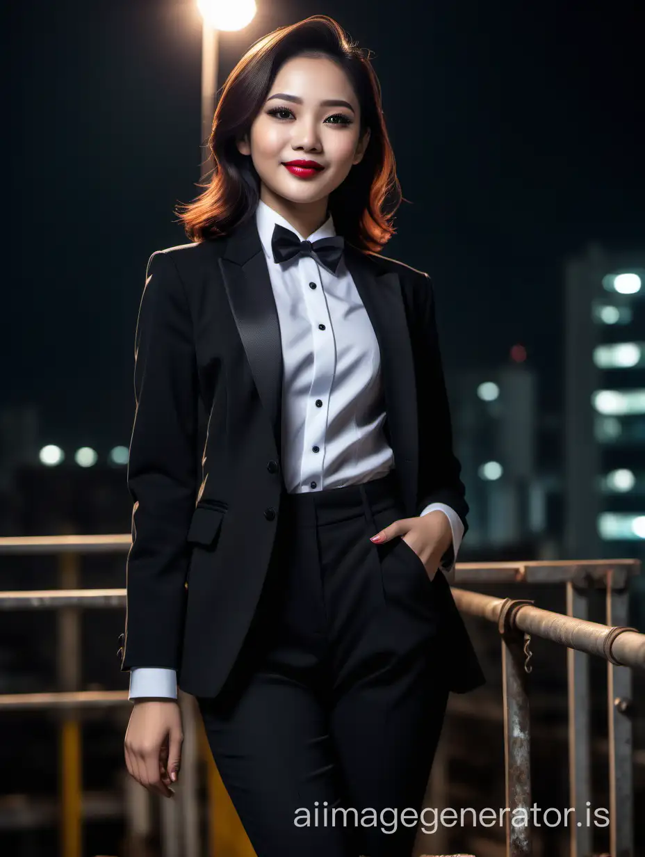 It is night. A cute and sophisticated and confident indonesian woman with shoulder length hair and  lipstick.  She is facing you while walking toward the edge of a scaffold.  She is wearing a black tuxedo with a black jacket.  Her shirt is white.  Her bowtie is black.  Her cummerbund is black.  Her pants are black.  Her cufflinks are black.  She is smiling and laughing.  She is relaxed.  Her jacket is open.