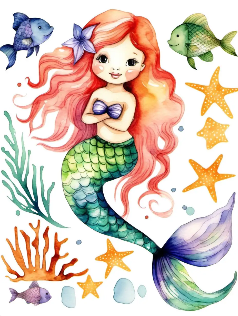 watercolor mermaid
cartoon drawing, clip art, for a nursery, isolated on white background