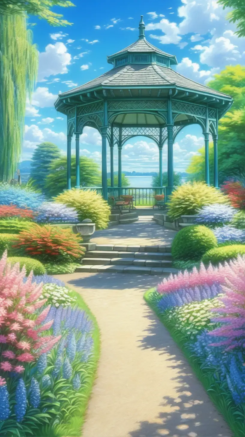 walk into a Mesmerizing, picturesque of monet flowers garden and trees, pond in centre, beautiful english style gazebo, very beautiful flowers, very beautiful sky and clouds, full shot photography style, makoto shinkai style, ghibli style, acrylic painting style, trending pixiv style, super detailed , 8k, best quality, masterpiece, fake detailed, 