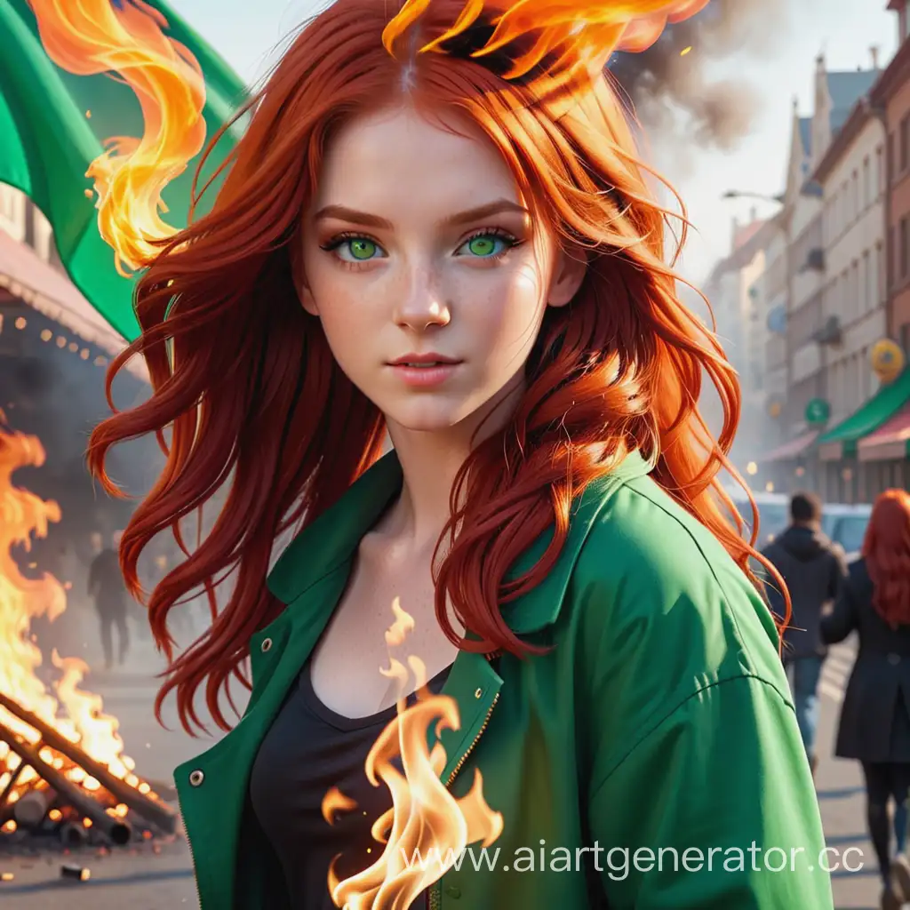создай обложку для песни "сжигаю" с рыжей девушкой и огнем, у нее зеленые глаза, в полный рост, она веселая а на заднем плане погром