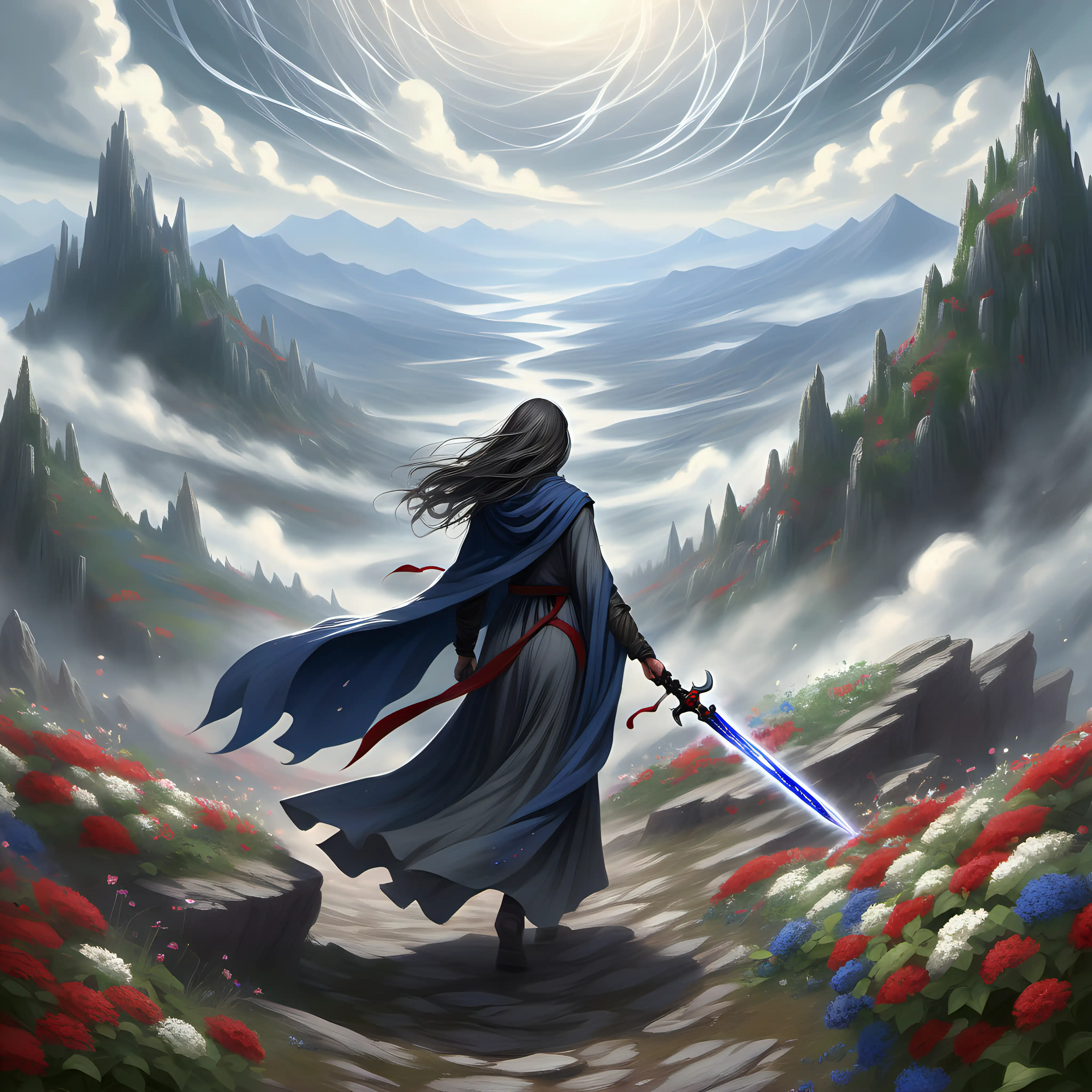 A gray-cloaked woman walking away on a mountain plateau.  She wields a lapis sword.  She is surrounded by a whirlwind of white, red, and green flowers and growing vines
