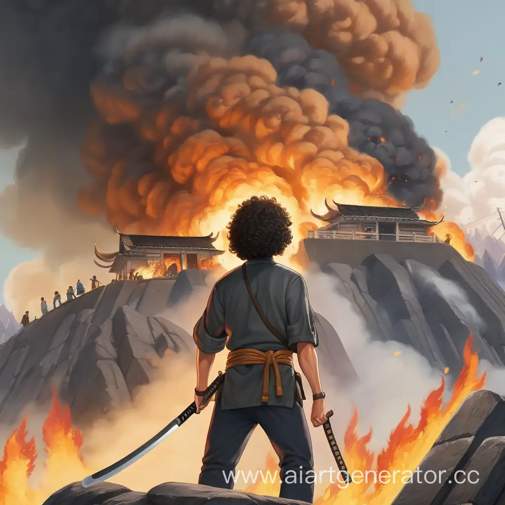 A guy with curly hair with a katana on his left side looking at building on fire in the background and there smoke in the air and there’s people passed out all around him and his on top of a mountain