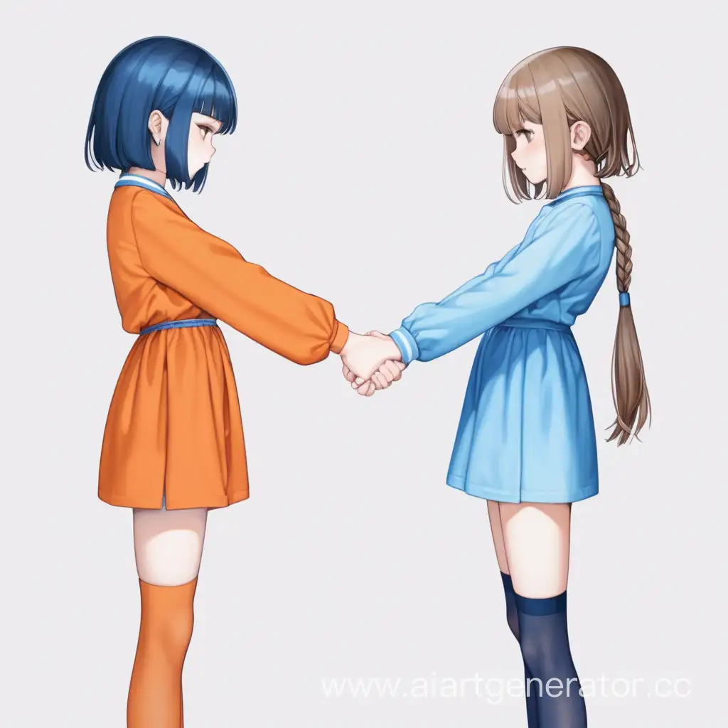 Two girls holding hands, looking at each other, the girl on the left is wearing orange clothes, the girl on the right is wearing blue clothes, the girl on the left has a short hairstyle, the girl on the right has long hair, open clothes, stockings, plain background, looking at each other eyes