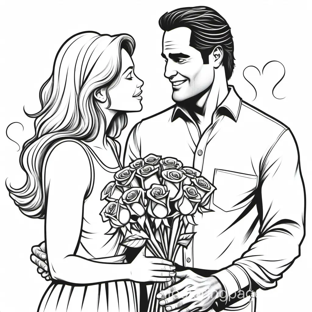 Victor Webster is giving a wonderful bouquet of roses to a woman 45 years old
He's really in love with her and he telling her so he's so happy with her , Coloring Page, black and white, line art, white background, Simplicity, Ample White Space. The background of the coloring page is plain white to make it easy for young children to color within the lines. The outlines of all the subjects are easy to distinguish, making it simple for kids to color without too much difficulty