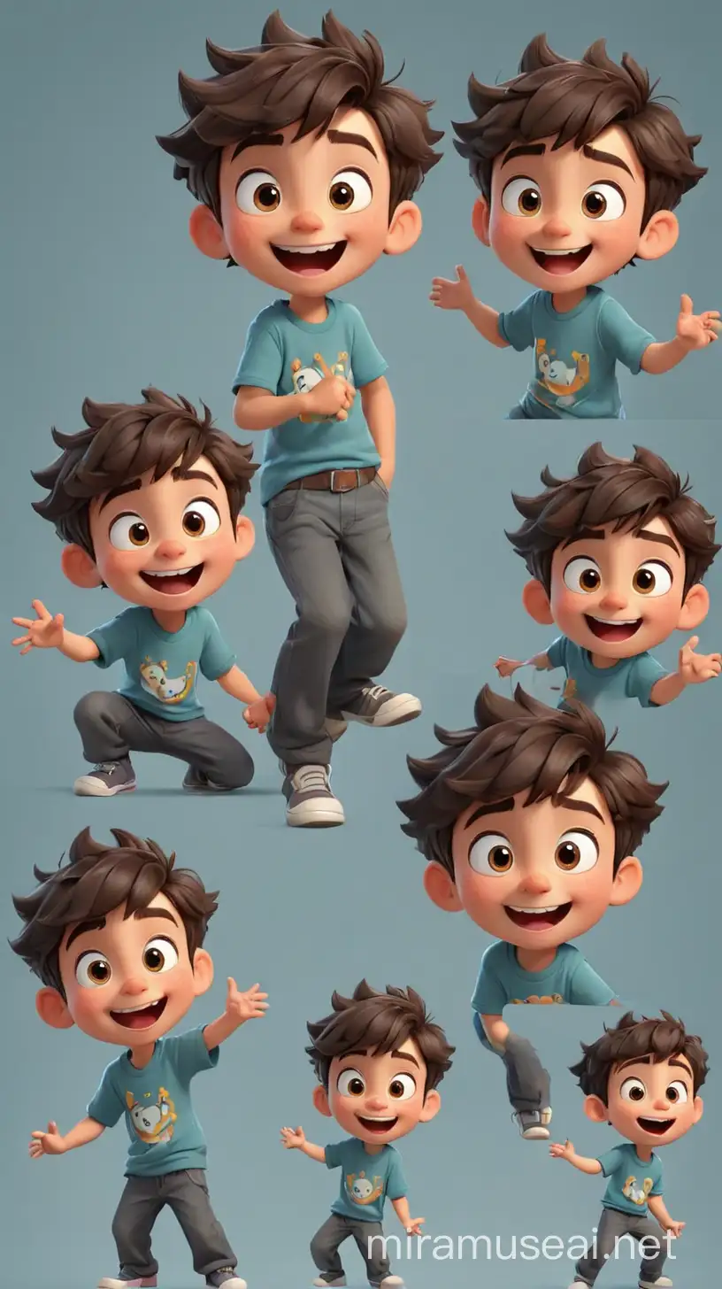 Joyful Cartoon Boy with Diverse Poses and Expressions