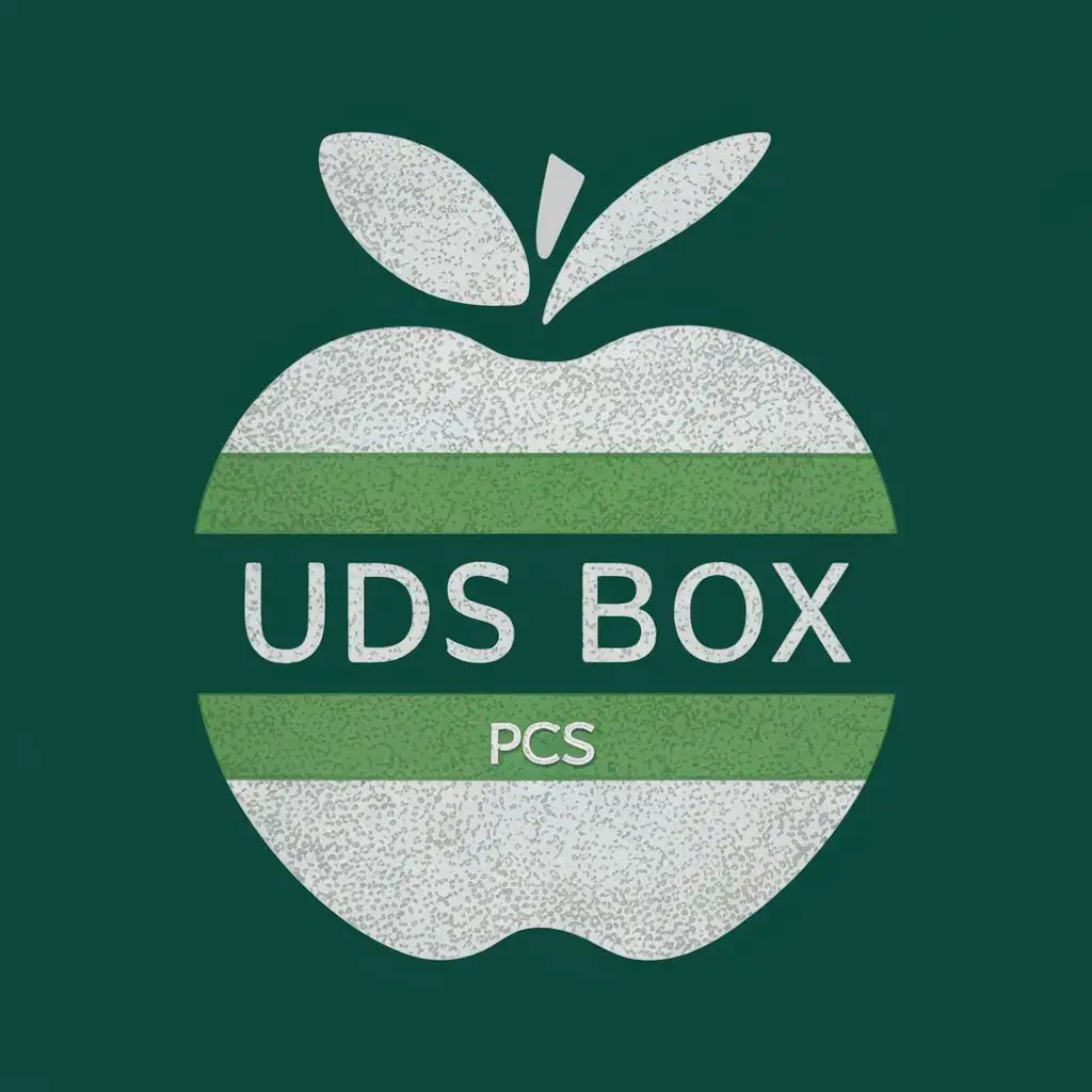 logo, "Uds box" written in the middle of a green apple horizontally and with a green background with a horizontally arched arrow above the writing while remaining on the surface of the apple with a green and white background as the middle of the apple, with the text "Pcs box ", typography