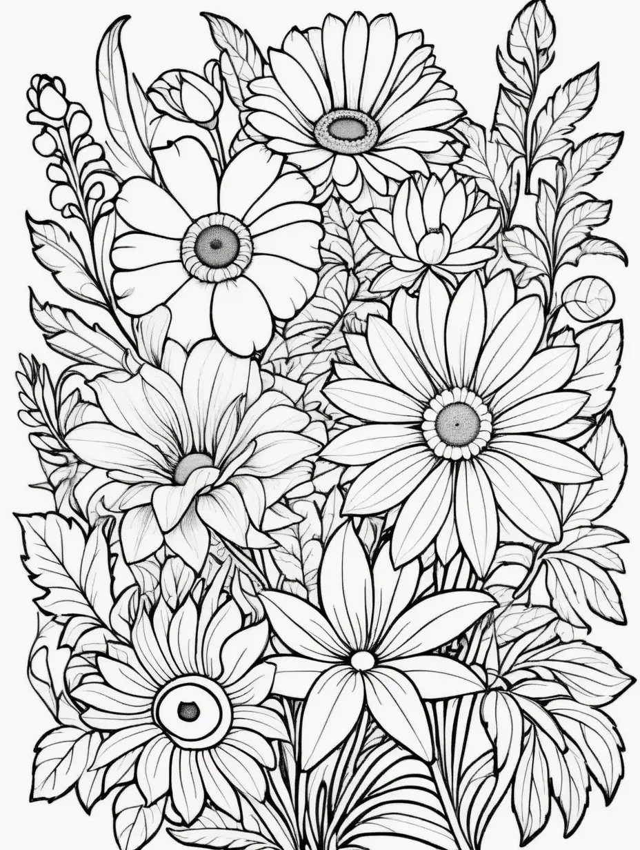 Beautiful black and white big flowers composition coloring page, cartoon style, thin lines, few details, no background, no shadows, no greys