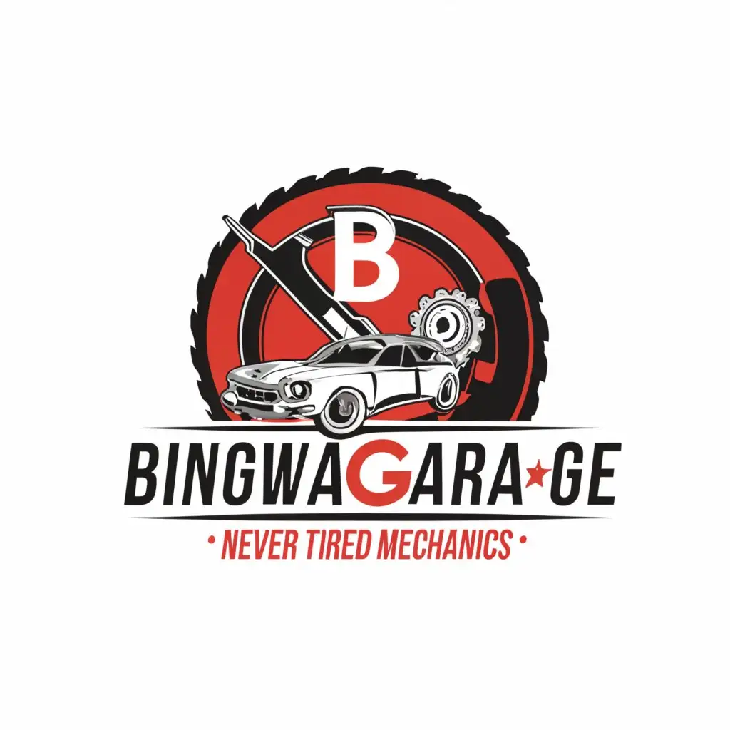 Design a logo for "BINGWA AUTO GARAGE" with the slogan "NEVER TIRED MECHANICS." The logo should convey a sense of strength, reliability, and endurance. Incorporate elements that symbolize automotive repair and maintenance, such as tools, gears, or a stylized car, while also emphasizing the idea of tireless service. Use a bold and modern font for the text, with a color scheme that suggests energy and durability. The overall design should be professional, memorable, and suitable for use on signage, uniforms, and promotional materials
