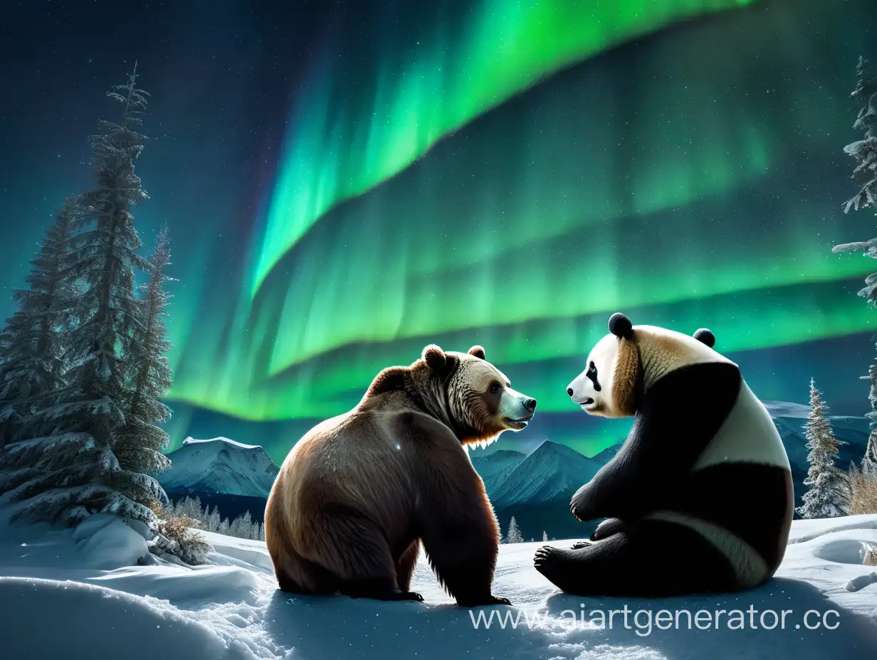 A grizzly and a panda sat together in the snow at night, looking at an aurora in the sky.