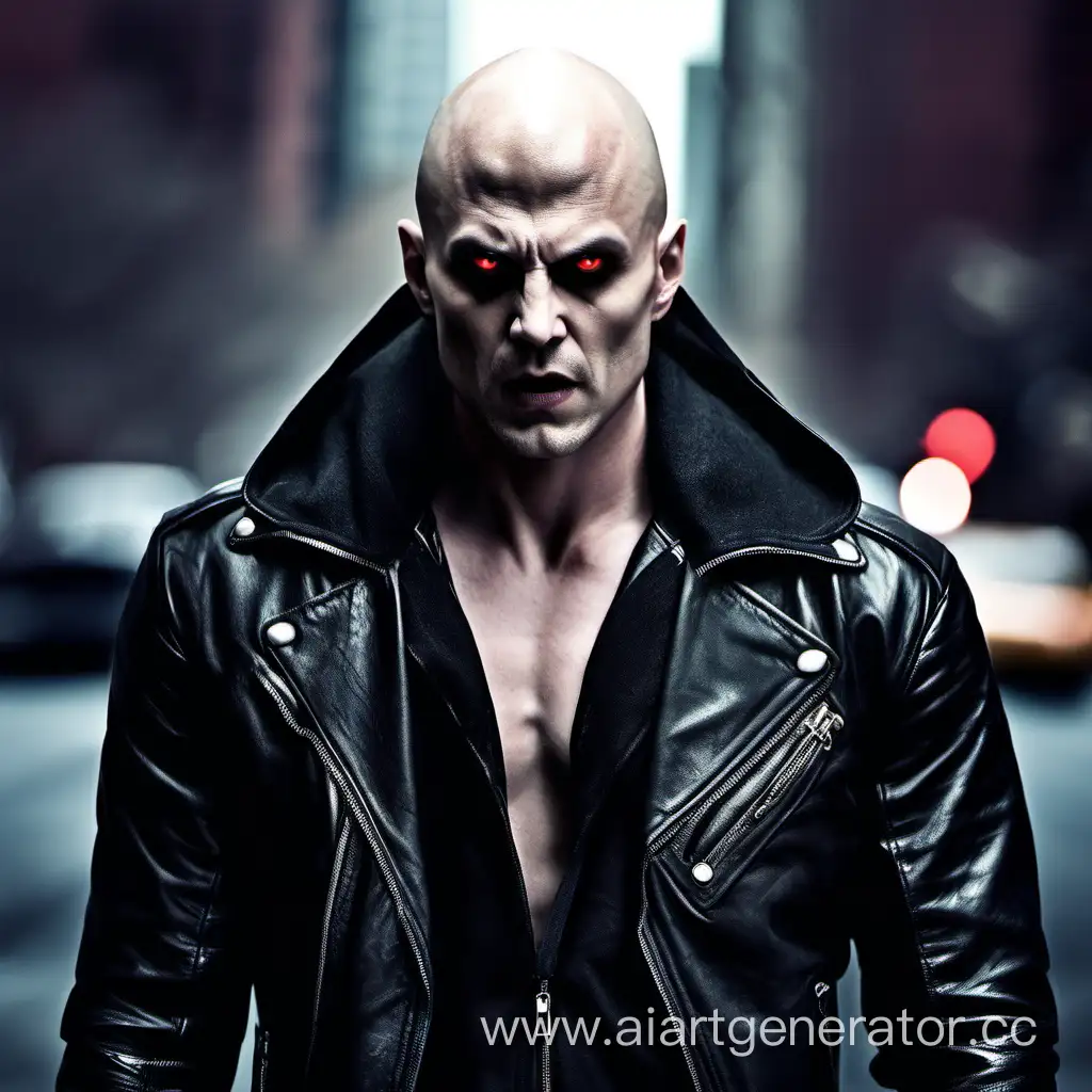 vampire, , bald, angry, red eyes , jared nomak, white skin, leather jacket, hood, New York, young, muscular