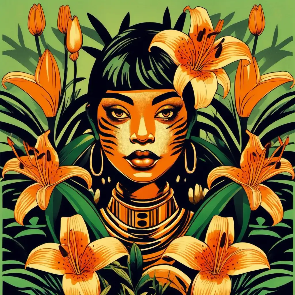 Girl with tigerlily flowers, in the style of vintage poster design, dreamlike naturaleza, art of the congo, flat form, floralpunk, light orange and dark green, art of tonga