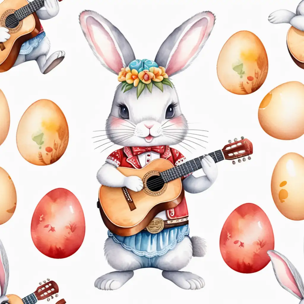 cute rabbit dress like mariachi with guitar and eggs in watercolor tecnic