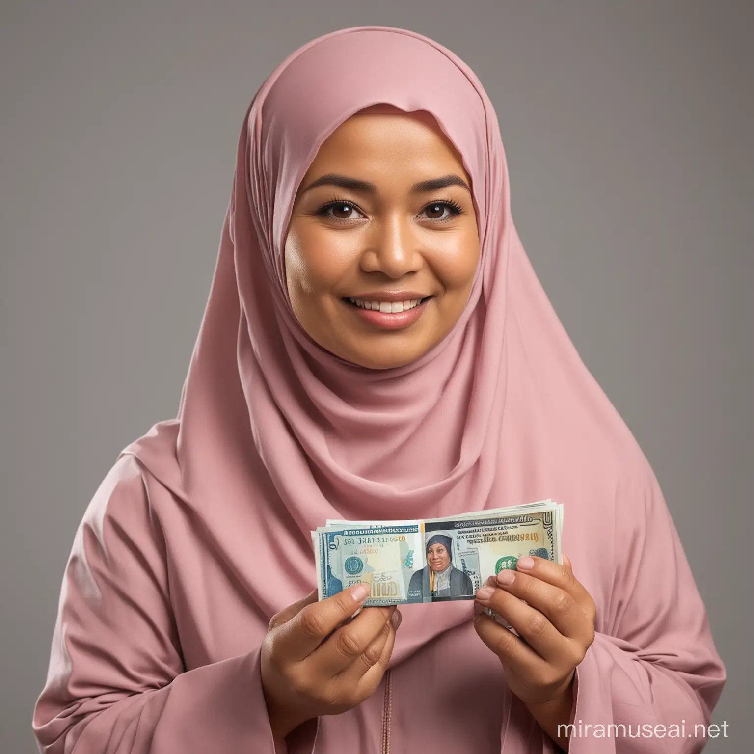 Seorang wanita indonesia hijab, umur 50 tahun, chubby, meminta uang pembayaran  yang diterima. uang yang diterima lagi dipegang