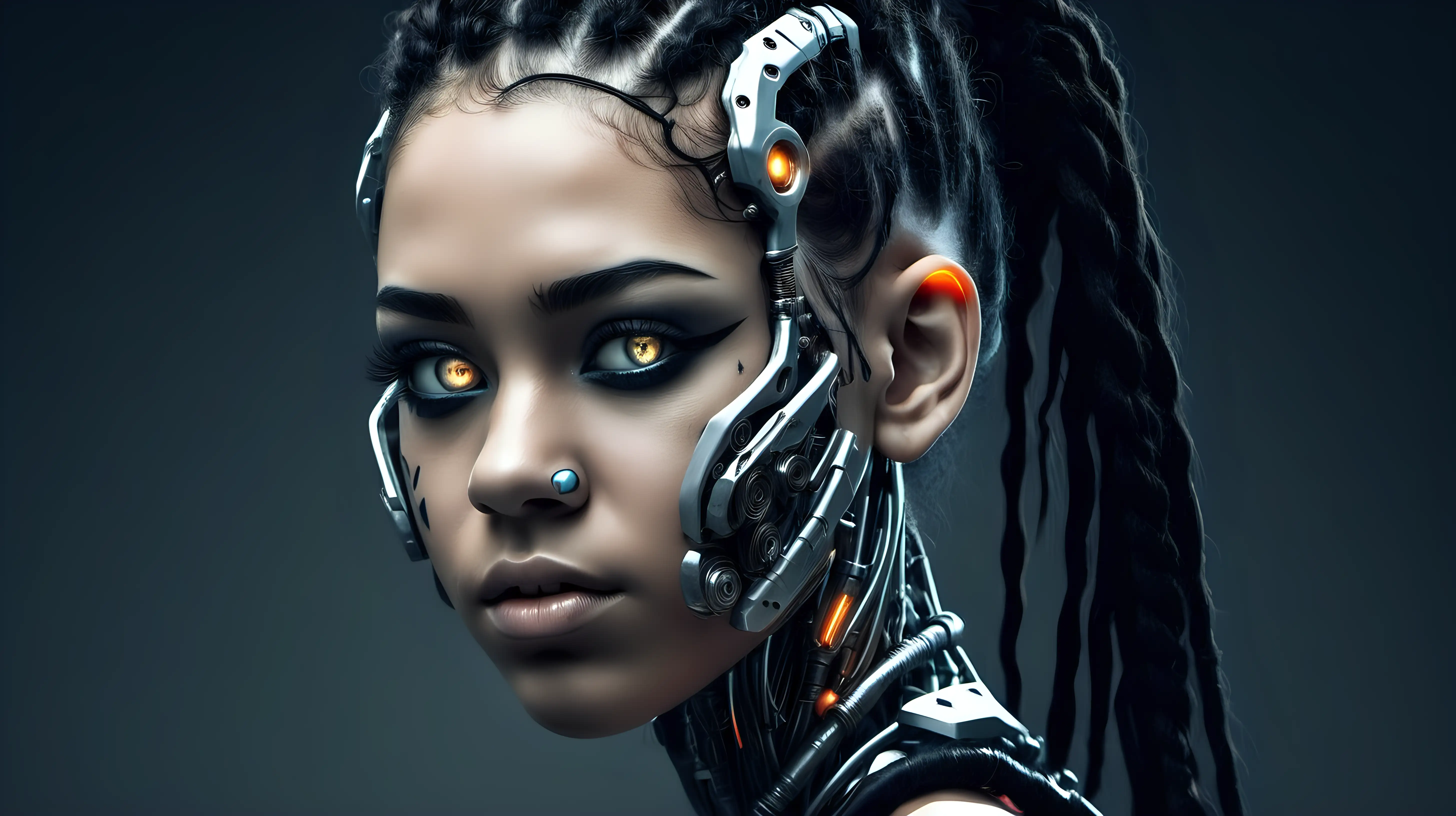Cyborg woman, 18 years old. She has a cyborg face, but she is extremely beautiful.  Wild hair. Dark braids. Bright under her eyes.
