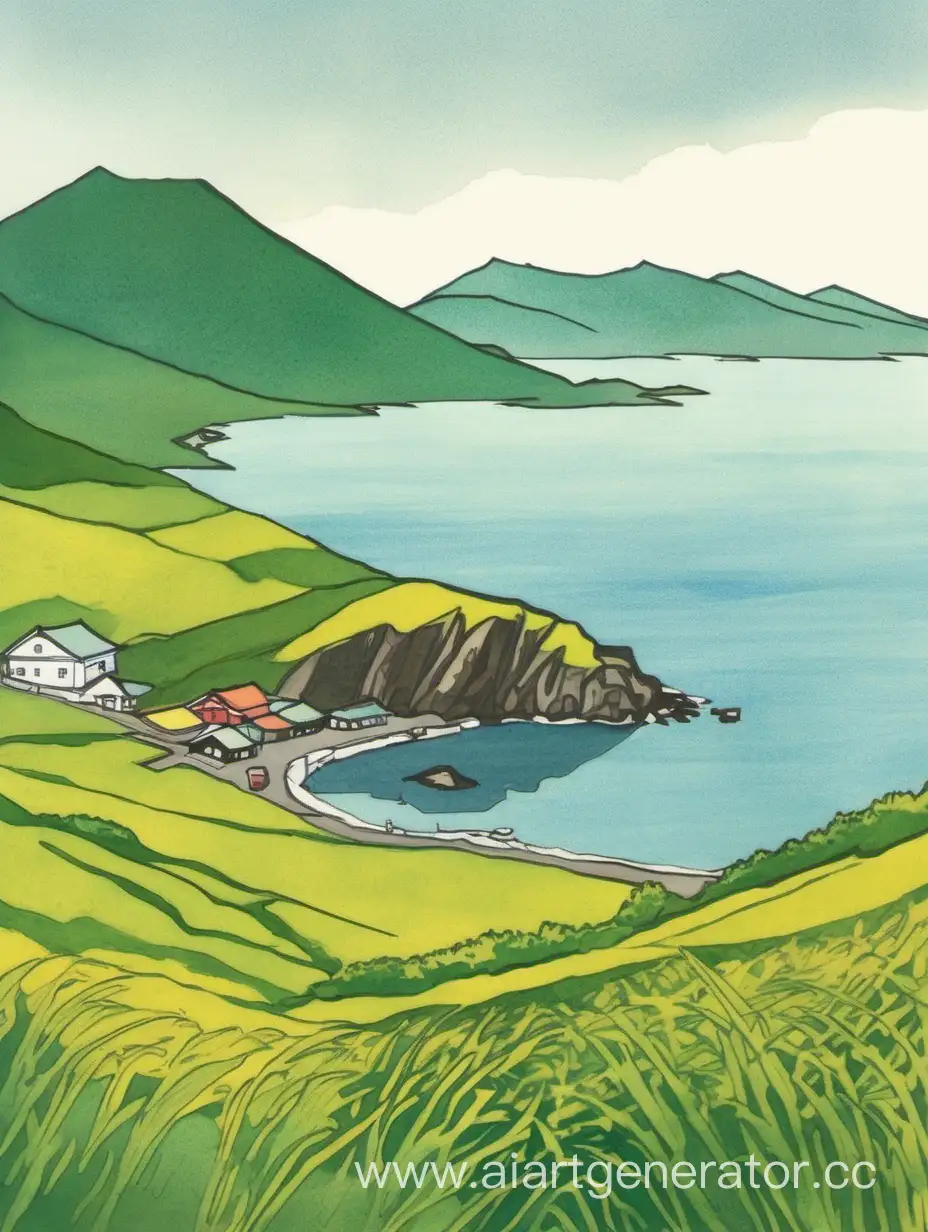 Gouache-Painting-Serene-Southern-Kuril-Island-Landscape