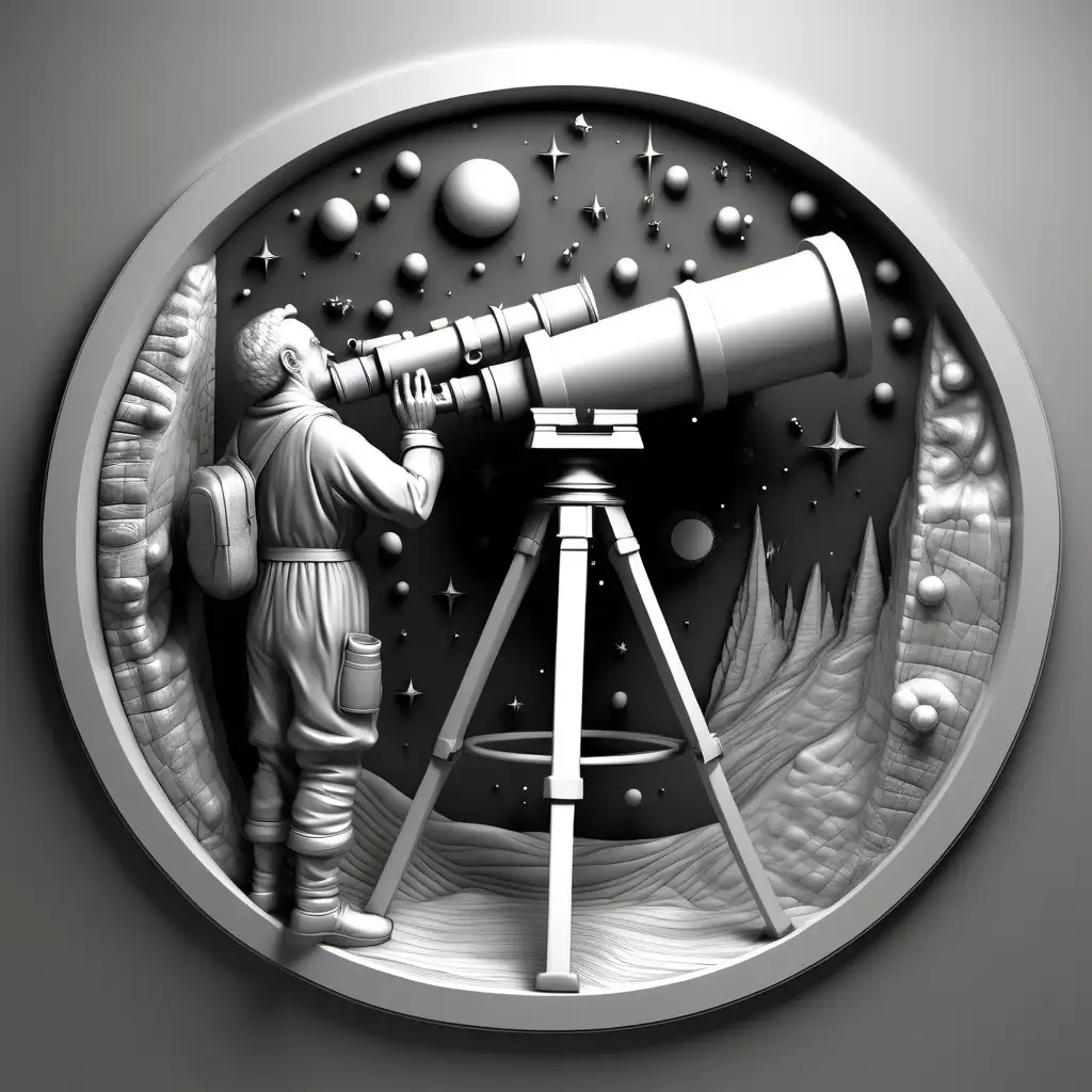 astronomer looking through a telescope, 3d, depth map, bas relief, balanced lighting, grey scale, round  --no shadows