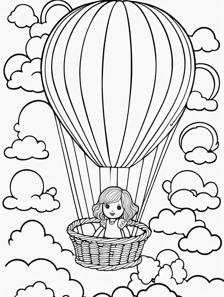 Waldorf doll inside the balloon's basket, soaring high above the fluffy clouds . pancil coloring page for kids