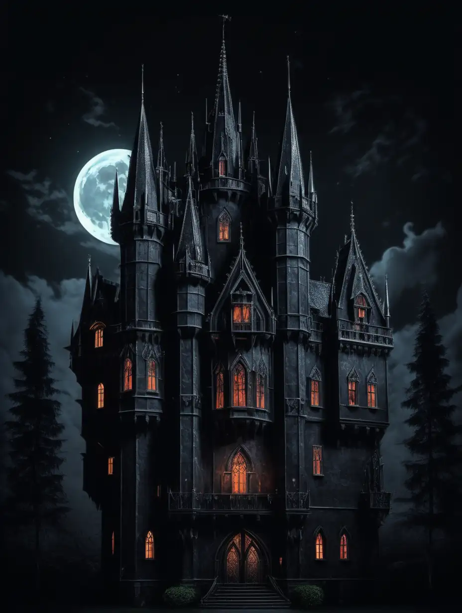 Gothic castle with spires and big windows. At night. The color of the castle is black. Inspired by Dracula's castle. 