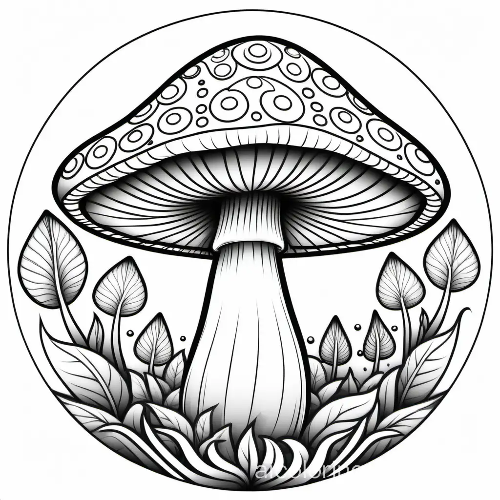 Illustrate a mushroom with mandala design coloring page, Coloring Page, black and white, line art, white background, Simplicity, Ample White Space. The background of the coloring page is plain white to make it easy for young children to color within the lines. The outlines of all the subjects are easy to distinguish, making it simple for kids to color without too much difficulty