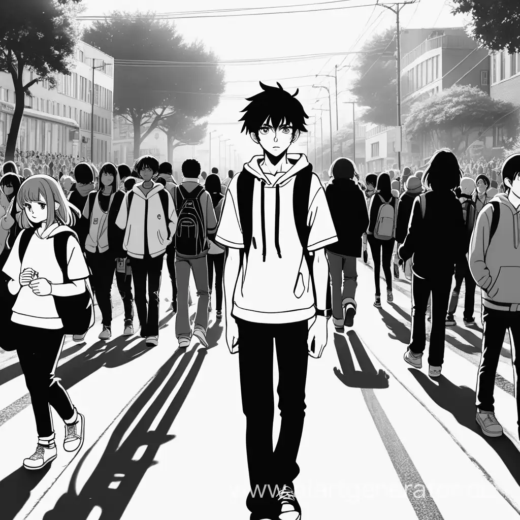 Lonely-Anime-Student-Walking-to-University-Amidst-Joyful-Crowd