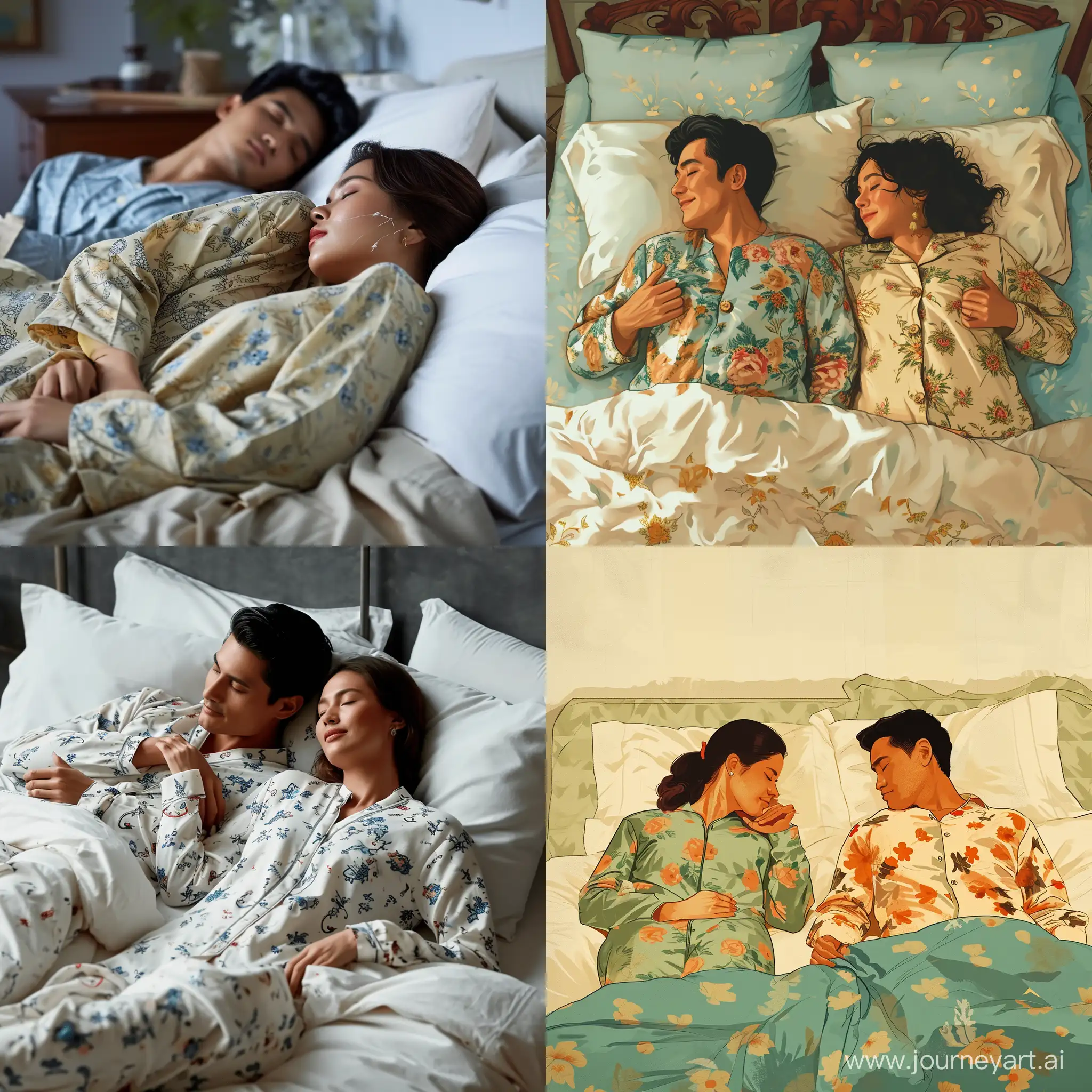 pria dan wanita Indonesia sedang tidur di tempat tidur mengenakan baju tidur