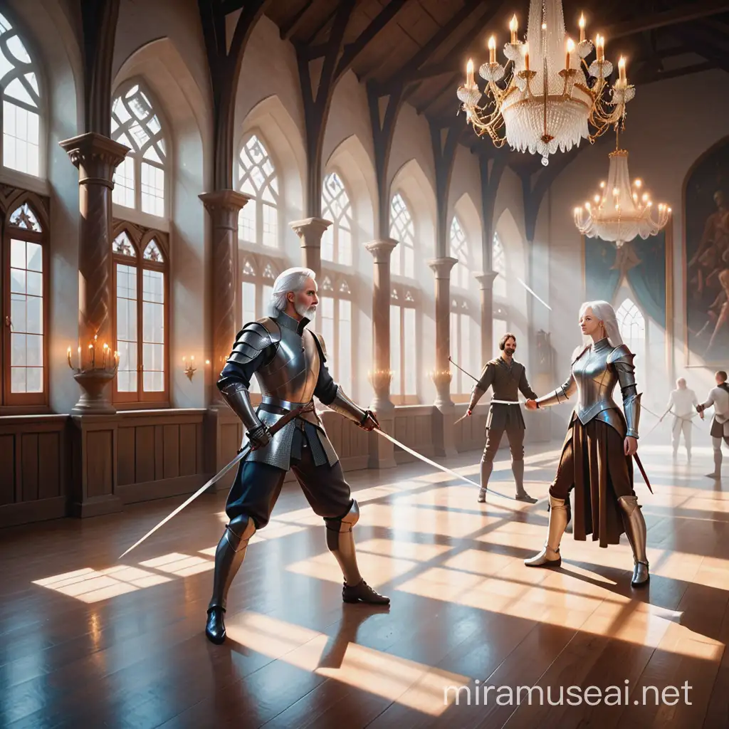 Fantasy Renaissance Fencing Training in Bright Hall