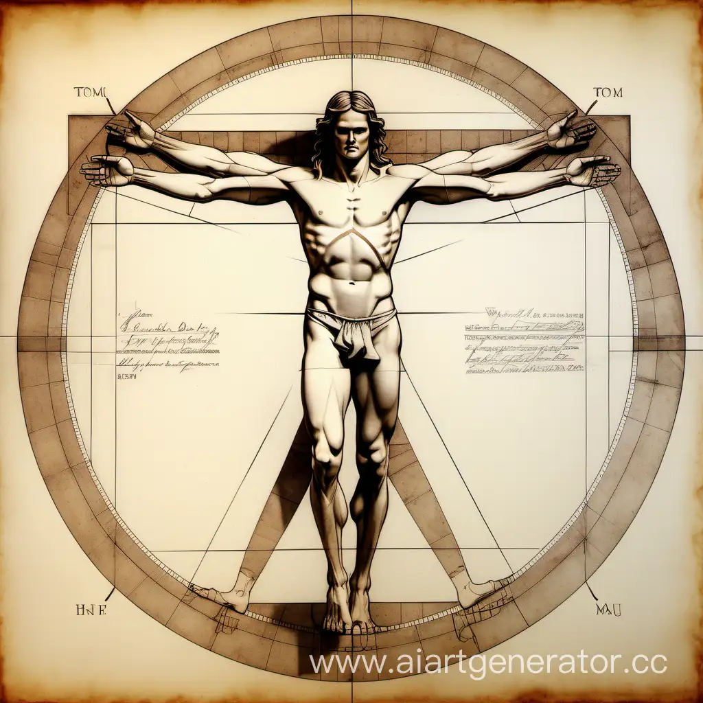 Tom Brady with his exact face is standing in the exact  pose  of Leonardo da Vinci's Vitruvian Man with a background that combines da vinci original sketch, all in leonardo da vinci drawing Pen, brown ink and watercolor over metalpoint on paper  style 

Imagine the scene with Tom Brady's physique gracefully mirroring the iconic Vitruvian Man proportions, capturing the essence of both athletic prowess and timeless artistic beauty. The shorts add a contemporary flair, symbolizing his current status as a sports icon, while the overall composition pays homage to the enduring legacy of da Vinci's masterpiece.
