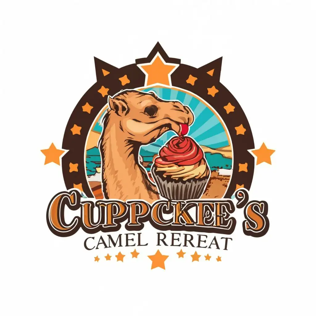 logo, realistic camel eating a cupcake. five star. north, with the text "Cupcake's Camel Retreat", typography, be used in Animals Pets industry
